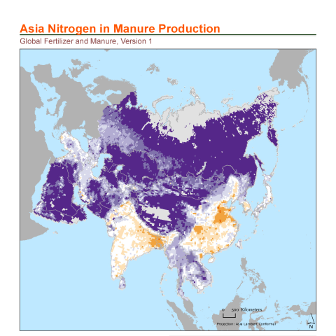 Map of Asia with areas with higher nitrogen from manure indicated in yellow; best seen throughout China and India