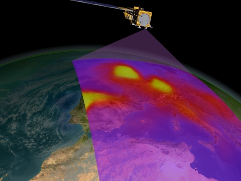 An artist's conception of the OMI instrument scanning the atmosphere