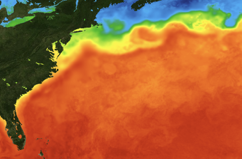 Map of US East Coast with colors indicating sea surface temperature; orange and red up to Chesapeake Bay, then transition to yellow, green, and blue indicating cooling SSTs
