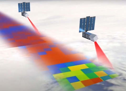 An artist's depiction of the TROPICS CubeSats flying in three low-Earth orbital planes. Each CubeSat’s radiometer will scan across the entire satellite track at 30 revolutions per minute.