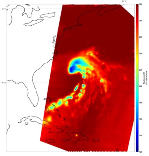 A TROPICS Pathfinder observation of tropical storm Alex on June 4, 2022, at 205 GHz. Clearly visible in this imagery is the eye of the storm, multiple rain bands, and water vapor structure.