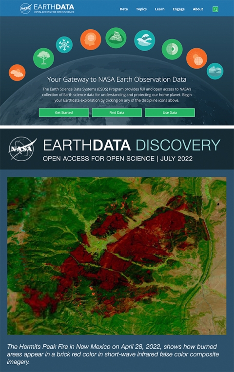 Earthdata website homepage image on top with image of an issue of the Earthdata Discovery newsletter below.