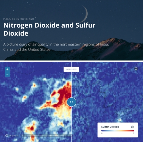 Top and bottom images. Top = nighttime scene with words Nitrogen Dioxide and Sulfur Dioxide; Bottom = data images