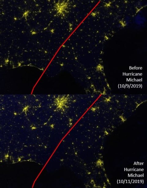 These before-and-after images show Hurricane Michael's impact on the Gulf Coast of Florida between October 9th and 11th, 2019. If you follow along the hurricane’s northeasterly track, you can see that many nighttime lights disappeared after the storm (on 10/11). 