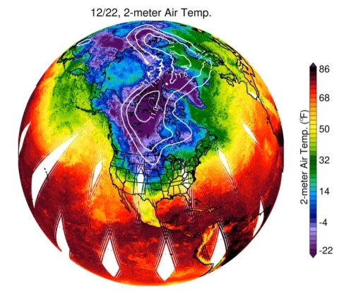 This image from the AIRS instrument shows surface air temperature over North America and the Arctic on December 22nd, 2022. As seen here, a polar vortex brought extremely cold air (shown in purple and blue) plunging into the US Central Midwest. 