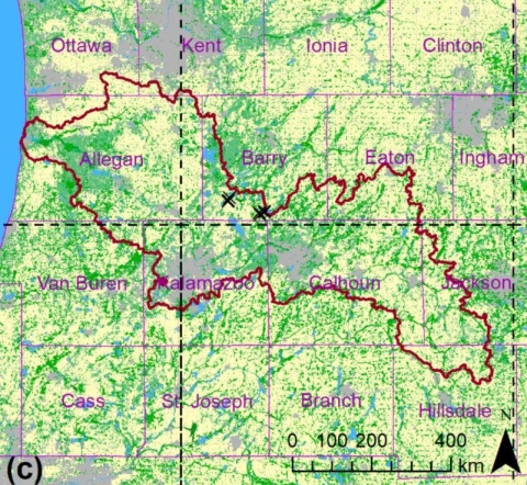 This map of the Kalamazoo Watershed shows counties in purple with a simplified National Land Cover Database 2011 land cover map as background: gray is developed, yellow is cultivated, light green is forest, darker green is wetland, blue is water. Flux tower locations in southern Barry County are marked with a black “x”. 