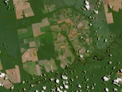 Worldview HLS surface reflectance Image showing green agricultural fields, clouds, and a river in Brazil on 02/27/2023.