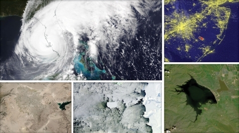 A collage of NASA satellite images from NASA Worldview that correspond to activities associated with the 2023 in-person Earth Day event at Union Station.