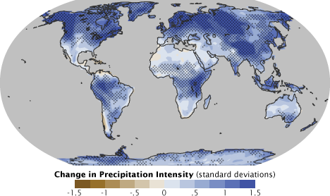 One expected effect of climate change will be an increase in precipitation intensity: a larger proportion of rain will fall in a shorter amount of time than it has historically. Blue represents areas where climate models predict an increase in intensity by the end of the 21st century, brown represents a predicted decrease. (Map adapted from the IPCC Fourth Assessment Report.) Credit: NASA Earth Observatory