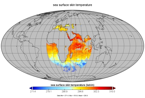 A graphic displaying Group for High Resolution Sea Surface Temperature (GHRSST) data. 
