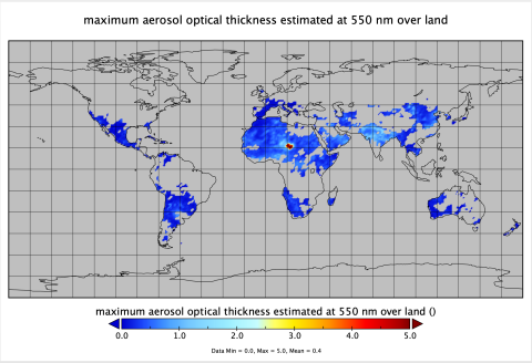 Aerosol Optical Thickness (AOT) is a measurement that offers an indication of total aerosol amount in a column of the atmosphere. Because aerosols can scatter, absorb, or reflect incoming solar radiation, their presence can affect the warming or cooling of the atmosphere. In this map, blue areas indication low aerosol concentrations and red areas indicate high concentrations. Credit: LAADS DAAC