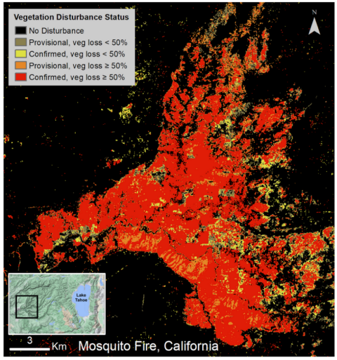 Large red image across center surrounded by black; image key in upper left; map locator of image in lower left