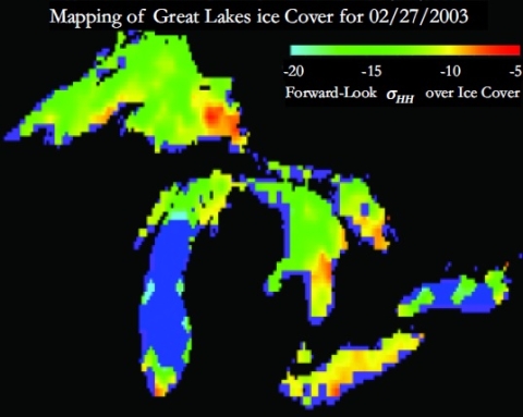 Image of a prototype map of the QuikSCAT ice-cover product for the Great Lakes, showing ice cover on February 27, 2003.
