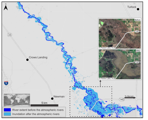 This map shows OPERA surface water extent data following rains that led to flooding in California's San Joaquin River. Inset in the map are before-and-after satellite images of the area that correspond with the map.