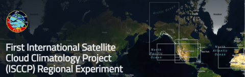 color global map with bounding boxes over N. America; white text on left side overlay: First International Satellite Cloud Climatology Project (ISCCP) Regional Experiment; FIRE logo above this text.