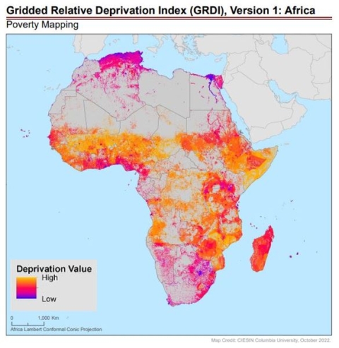This image shows a map of the African continent. Sections of the map are colored yellow, orange, red, and purple. These colors correspond to a scale of relative deprivation wherein yellow designates the highest deprivation and purple the lowest.