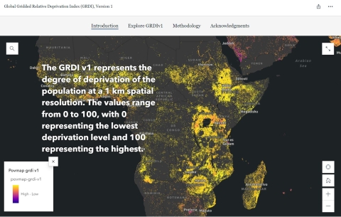 The image shows a page from the StoryMap that explains how the GRDI dataset was developed. The page shows a partial map of Africa with yellow and orange dots. Above the map is text that explains what information the GRDI dataset provides. In the bottom left corner of the image, is a legend pertaining to degrees of relative deprivation. Yellow and orange correspond to high deprivation, red and purple signal lower amounts of deprivation.