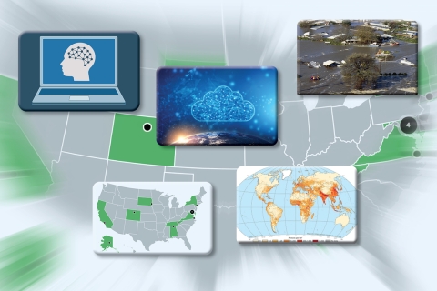 A gray map of the United States with five states in green. These green states corresponding to five NASA DAACs  that hosted interns in the summer of 2023. Also included on the map are images that correspond to the projects the interns worked on, including machine learning cloud computing, population mapping, and data tool development.