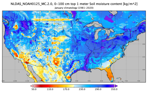 This graphic shows a map of the United States with colored areas representing the amount of soil moisture content, in kilograms per square meter, in the first 100 centimeters of soil. Areas of red, orange and yellow have the least soil moisture, while areas of blue and purple have the most