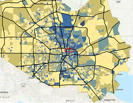 Street map of Houston, TX, with colors indicating racial density; small area outlined in red near center of map