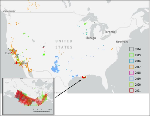 This map shows the location of AVIRIS-NG flight lines in the conterminous United States from 2014 to 2021. Inset shows detail of flight lines in coastal Louisiana associated with the Delta-X project.