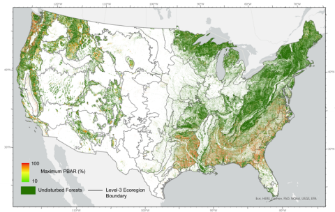 This map of the United States shows the amount and intensity of forest disturbance across the United States. Areas of red and orange show the most intense areas of forest disturbance, while areas of yellow and light green show the least. Areas of dark green pertain to areas of undisturbed forestland.