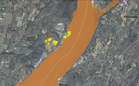 This map from the New York State Flood Impact Support System Application shows a power plant and a wastewater facility in Newburgh, New York that, under certain flooding scenarios, would be inundated with 2‒4 inches of water from the nearby Hudson River (shown in brown)..