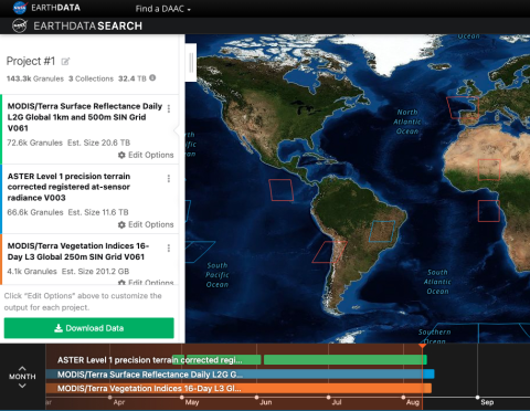 earthdata search screenshot showing global map with text overlain on left side and colored bars along bottom showing dates data are available