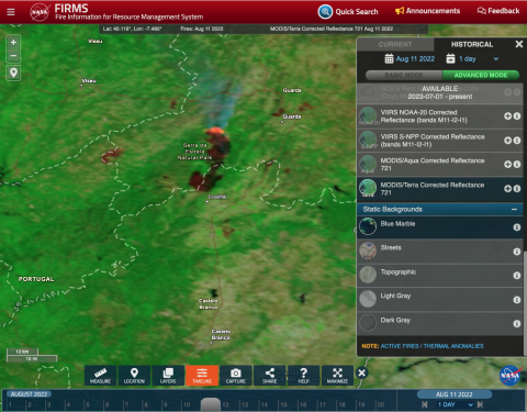 FIRMS screenshot showing active fire in orange on a green background; key on right