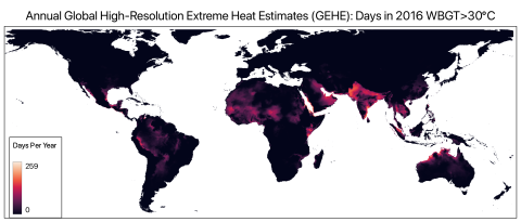 Global map with colors from black to red indicating extreme heat estimates, with red indicating highest heat