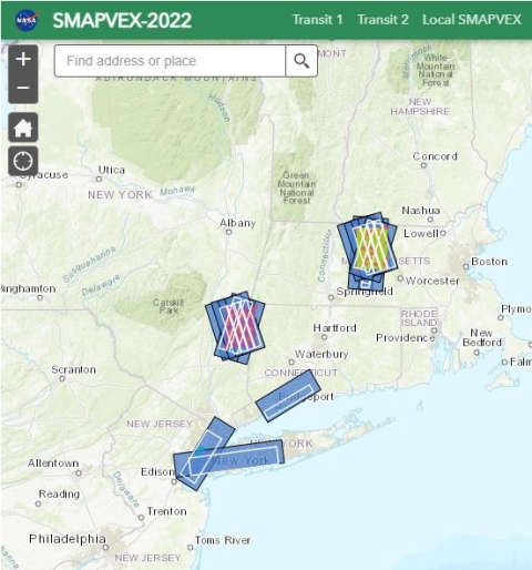 This ArcGIS online map from the 2022 SMAPVEX Campaign shows the local flight lines over the Harvard Forest in Massachusetts and Millbrook, New York. 