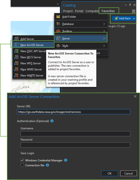 Screenshot showing the steps to add ArcGIS server