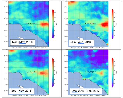 4-panel image with colors showing seasonally averaged ozone over los angeles CA
