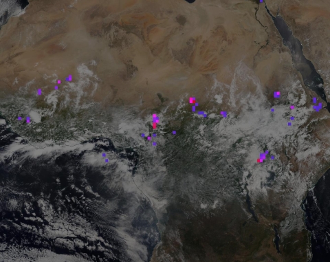 This image from NASA Worldview shows ISS LIS Flash Count data (i.e., the pink, purple, and red dots), which provide the number of lightning flashes recorded by the LIS aboard the ISS. Red dots indicate high numbers of lightning flashes (greater than or equal to 20), while purple dots indicate the fewest flashes. 