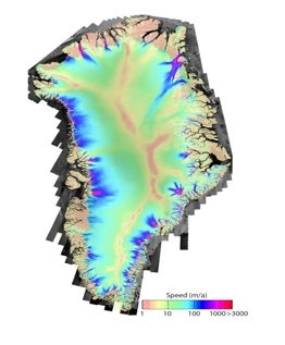 This color-coded map of Greenland shows a multiyear ice velocity mosaic for the Greenland Ice Sheet, superimposed upon topographic features along the coast. Highest velocities appear in magenta, intermediate velocities appear in blue and green, and lowest velocities appear in yellow. 