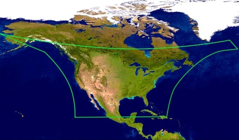 This graphic shows a map of North America (and the tip of South America) and features a green line showing the boundaries of the TEMPO instrument's field of view. The line covers the area from the Atlantic to the Pacific Ocean (east to west) and from southern Canada to the Yucatan Peninsula (north to south).