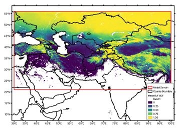 This map from the Famine Early Warning Systems Network Land Data Assimilation System (FLDAS) Land Surface Model shows mean snow-covered fraction for the months of December, January, and February over the Central Asia model domain (red outline) between the years of .2005 and 2015.