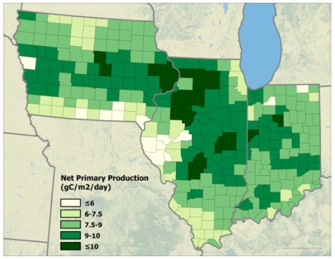A graphic of model-estimated net primary productivity data in Iowa, Illinois, and Indiana.