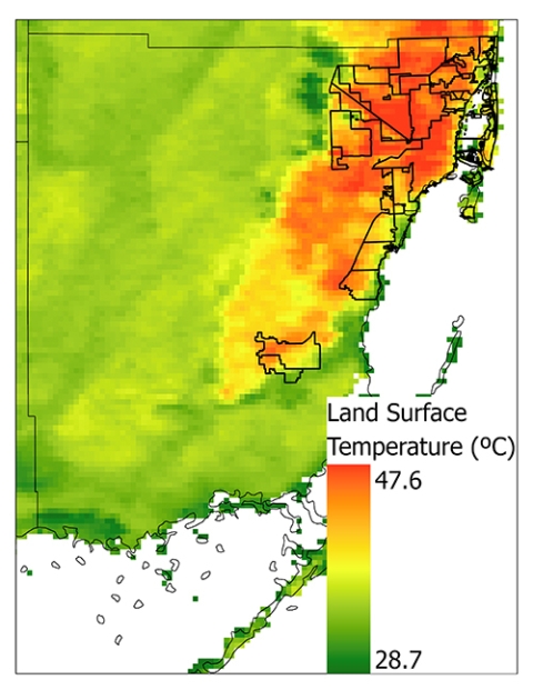 This image shows a temperature map of South Florida and Miami-Dade County using MODIS data. Areas on the right side of the image are in the county and along Florida’s Atlantic coast. These areas are colored in variations of yellow, orange, and red to indicate higher land surface temperatures. The surrounding area is colored largely in shades of green to show lower temperatures. A temperature scale in Celsius is also included showing the range of temperatures from green to red to be from 28.7 to 47.6 deg.