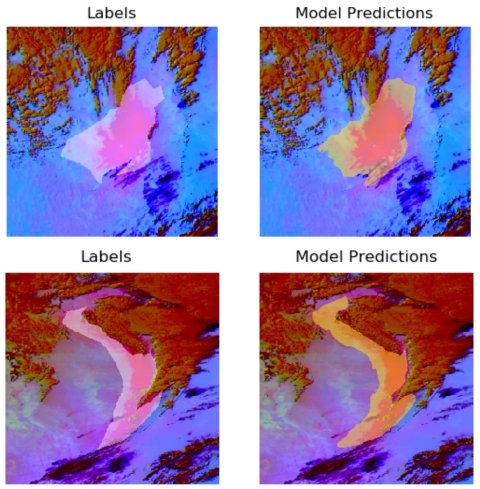 Four satellite images of dust storms. The left images contain the subject matter labels; the right images are the AI model’s prediction of dust.