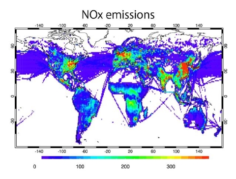 A data visualization showing nitrogenoxide emissions over the globe from 2005 to 2018.