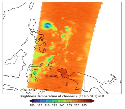 A visualization of TROPICS Level 1B brightness temperature data in degrees Kelvin over a tropical cyclone.