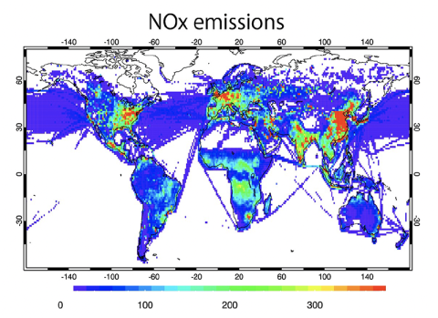 global image of NOx emissions with blue, yellow, and red colors indicating NOx concentrations