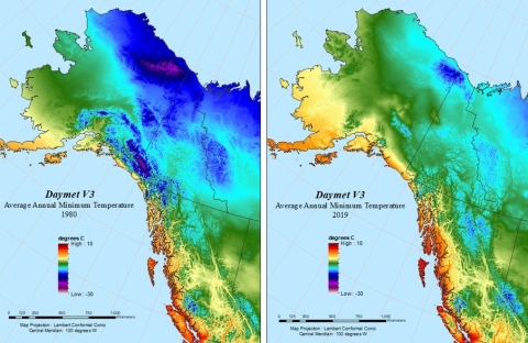 Side-by-side images of Alaska and Western Canada with colors indicating average annual minimum temperature. Right image from 2019 clearly shows higher average annual minimum temperatures, as indicated by colors indicating higher temperatures.
