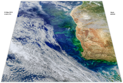 This May 10, 2019 Aqua/MODIS image exhibits patterns driven by the same physics as the patterns found in the Benguela upwelling a year earlier. Recent measurements in part of the region indicate that the ocean here is a source of the potent greenhouse gas, nitrous oxide.