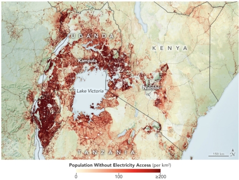 Electrification analysis for 2018 around Lake Victoria. The map was created using processed nighttime light data from the Visible Infrared Imaging Radiometer Suite (VIIRS) on the NOAA-NASA Suomi NPP satellite, incorporated with land cover type data from NASA’s Moderate Resolution Imaging Spectroradiometer (MODIS) and overlaid with different gridded population products. Credit: NASA Earth Observatory