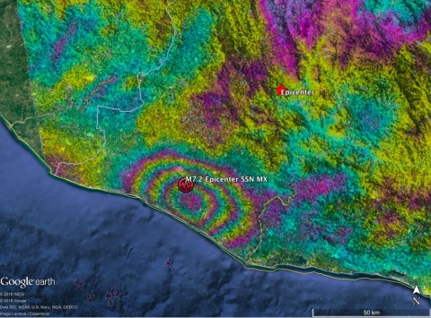 This interferogram from Sentinel-1 SAR data acquired on 2/5 and 2/17/2018 shows earthquake fault slip on a subduction thrust fault causing up to 40 cm of uplift of the ground surface. The motion has been contoured with 9 cm color contours, also known as fringes. Credit: NASA Disasters Program
