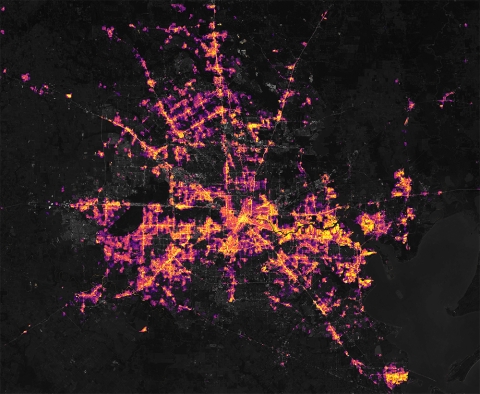 Global view of Earth's city lights from a composite assembled from Day/Night data acquired by the Suomi National Polar-orbiting Partnership (Suomi NPP) satellite. The data were acquired over nine days in April 2012 and thirteen days in October 2012.