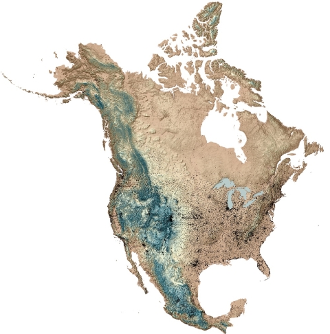 High-resolution DEM image of the Continental U.S. showing relief in brown and white with black dots throughout the continent indicating weather stations providing Daymet data.
