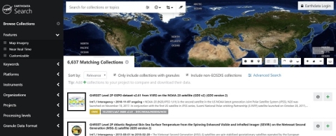 Earthdata Search home page showing black navigation column on left 1/5 page. The rest of the page comprises a global world map covering the top 1/3 page with Earthdata Search results covering the bottom 2/3 of the page.